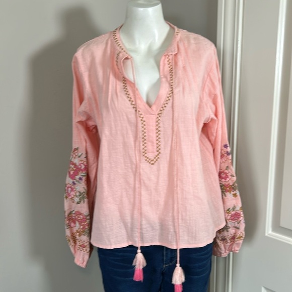 HL Affair embroidered peasant blouse Coral Tassels Long Sleeve Top Sz L NEW